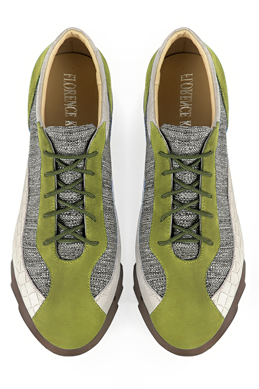 Pistachio green, ash grey and off white women's three-tone elegant sneakers. Round toe. Low rubber soles. Top view - Florence KOOIJMAN